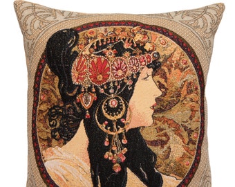 Mucha Gift -Alphonse Mucha Pillow Cover - Mucha Belgian Tapestry Cushion - Byzantine Brunette Throw Pillow