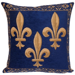 Fleur de Lis Pillow Cover - Fleur de Lis Cadeau - Français Decor Pillow Cover - Blue Chenille Pillow - 18x18 Belgian Tapestry Pillow