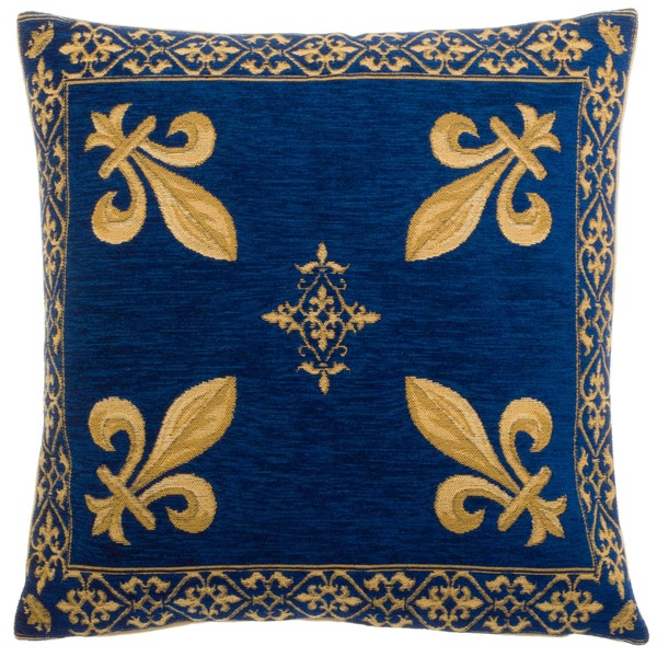 jacquard woven belgian gobelin tapestry cushion pillow cover french Fleur de Lys burgundy blue