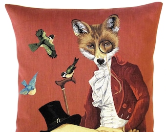 jacquard woven belgian tapestry gobelin throw pillow cushion with dressed up gentleman fox with black hat monocle and cane