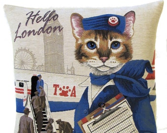 Flight Attendant Gift - Cat Pillow Cover - TWA airlines gift - Cat Lover Gift - London Gift - PC-5607