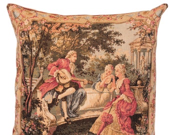 belgian gobelin tapestry cushion pillow cover elegant scenery mandolin player artwork by François Boucher  - PC-18L