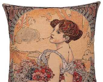 Summer Gift - Alphonse Mucha Pillow Cover - Mucha Gift - 18x18 Belgian Tapestry Cushion - Mucha Throw Pillow - PC-16G