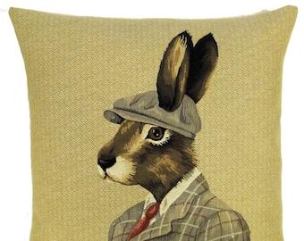 gobelin tapestry cushion throw pillow cover dressed rabbit hare with bonnet on fishbone background made in Belgium - PC-5622