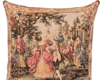 belgian gobelin tapestry cushion pillow cover elegant scenery dancing couple, artwork by François Boucher  - PC-18M