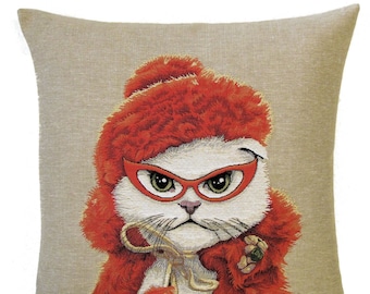 Cat Lover Gift - belgian tapestry gobelin cushion pillow cover - fashionista white cat with orange scarf and bonnet - PC-5415