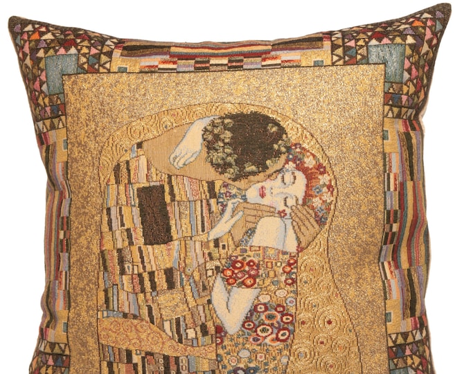 Featured listing image: Klimt Pillow Cover - Gustav Klimt The Kiss Pillow - Gustav Klimt Gift - 18x18 belgian tapestry throw pillow - Klimt cushion cover