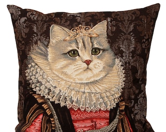 Housse de coussin en tapisserie belge, portrait royal, chat blanc avec robe rouge et noire et col en dentelle