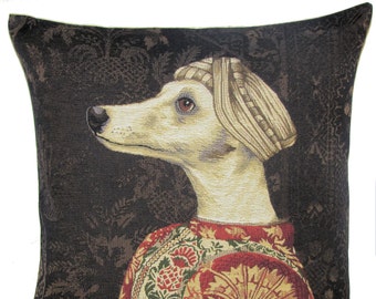 Greyhound belgian  tapestry gobelin throw pillow cushion cover whippet portrait inspired by Piero della Francesca  - PC-5616