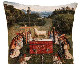 jacquard woven belgian gobelin tapestry cushion pillow cover The Adoration of The Mystic Lamb by Jan Van Eyck