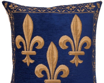 Fleur de Lis Pillow Cover - Fleur de Lis Gift - French Decor Pillow Cover - Blue Chenille Pillow - 18x18 Belgian Tapestry Pillow