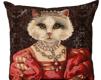 Belgian tapestry throw pillow cushion cover royal portrait white cat with red dress and crown