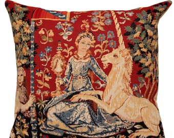 jacquard woven belgian gobelin tapestry cushion pillow cover The Sight - Lady and the Unicorn