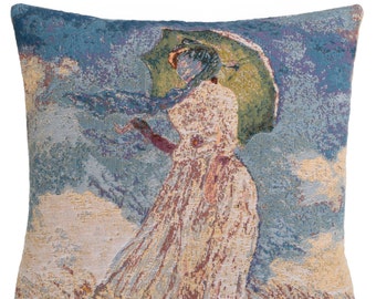 jacquard woven belgian gobelin tapestry cushion pillow cover Lady with Umbrella by Claude Monet