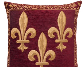 jacquard woven belgian gobelin tapestry cushion pillow cover Fleur de Lis burgundy red