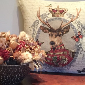 belgian tapestry throw pillow cushion cover framed stag with butterflies and crown
