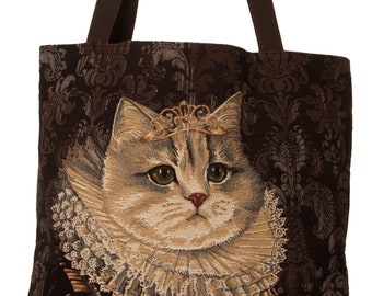 cat portrait tapestry tote bag - cat design tote bag - cat portrait bag - royal cat portrait bag