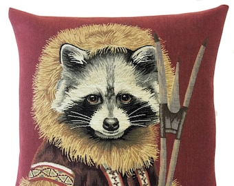 Raccoon Pillow Cover - Raccoon Lover Gift - Inuit decor - Jacquard Woven Pillow Cover - 18x18 throw pillow - red cushion cover