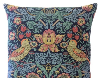 Strawberry Thief Throw Pillow - William Morris Pillow Cover- Jacquard Woven Pillow Cover - 18x18 Belgian Tapestry Cushion - Gobelin Pillow