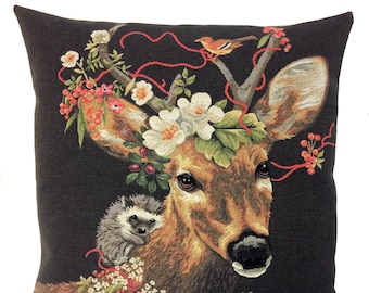 Forest Decor - Stag Pillow Cover - Stag and Hedgehog Gift - Stag Lover Gift - Rustic Accent - Stag Home Decor