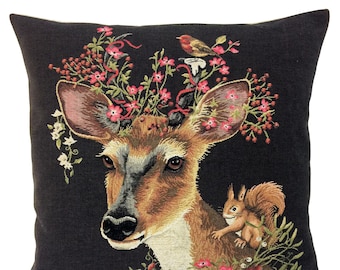 Deer Pillow Cover - Forest Decor - Deer and Squirrel Gift - Deer Lover Gift - Rustic Home Decor - Tapestry Cushion Cover