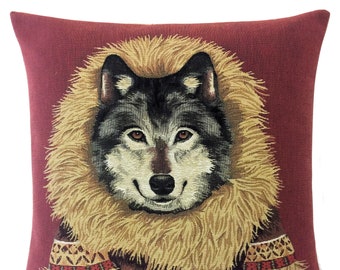 Husky Pillow Cover - Husky Lover Gift - Inuit decor - Jacquard Woven Pillow Cover - 18x18 throw pillow - red cushion cover - made in Belgium