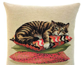 tiger cat  gift - Cat Throw Pillow - Cat Cushion Cover - Cat Decor - 18x18 Belgian Tapestry Cushion  - Cat Lover Gift