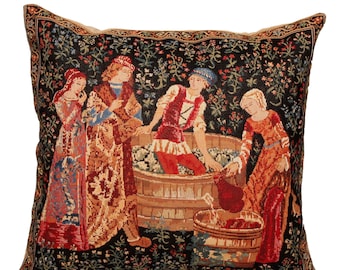 The Wine Press Pillow Cover - Medieval Tapestry Pillow Cover - The Vintage Tapestry Cushion Cover - Pressing of Grapes Cushion Cover