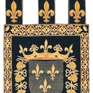 belgische gobelin chenille wandtapijt hangend Fleur de Lys St.Michael dodende draak met lussen jacquard geweven