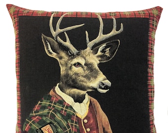 Scottish Home Decor - Scottish Clan Tartan Gift - Stag Lover Gift - Scottish Art - Jacquard Woven Pillow Cover