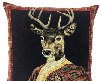 Stag Portrait Pillow Cover - Scottish Clan Decor - Scottish Tartan Decor - Aristocratic Gift -Jacquard Woven Cushion Cover