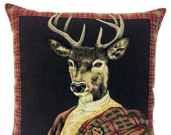 Stag Portrait Pillow Cover - Scottish Clan Decor - Scottish Tartan Decor - Aristocratic Gift -Jacquard Woven Cushion Cover