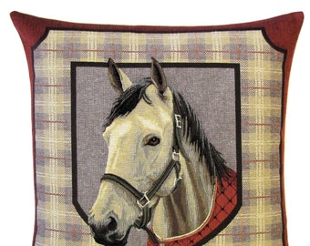 paardenkussenhoes - paardenliefhebber cadeau - 18x18 kussenhoes - jacquard geweven - tapijt sierkussen - paardendecor - tartan paardenkussen