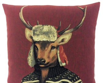 stag pillow cover - stag gift - forest decor - red pillow cover - funny throw pillow - jacquard woven - tapestry cushion cover