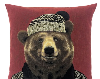 grizzly bear pillow cover - bear gift - forest decor - red pillow cover - funny throw pillow - jacquard woven - tapestry cushion cover