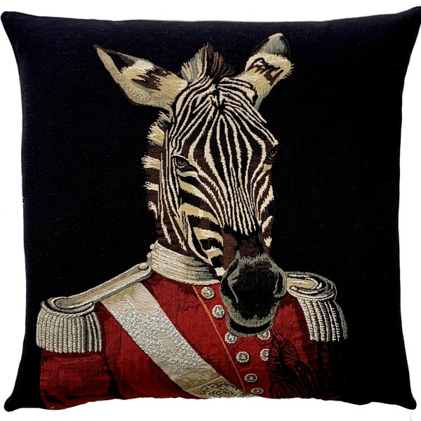 Housse de coussin zèbre - décoration zèbre drôle - cadeau zèbre - zèbre habillé - housse de coussin tapisserie belge 18 x 18 - décor animalier