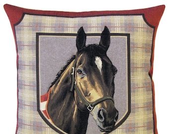 horse pillow cover - horse lover gift - 18x18 cushion cover - jacquard woven - tapestry throw pillow - horse decor - tartan horse pillow