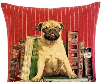 pug pillow cover - librarian gift - pug lover gift - pug decor - belgian tapestry dog pillow case - red decorative pillow 18"x18