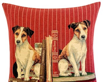 jack russell pillow cover - librarian gift - jack russell over gift - dog decor - belgian tapestry dog pillow case - red decorative pillow