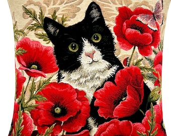 Jacquard Woven Cat Pillow Cover: Kitten and Poppies Cushion (18x18)
