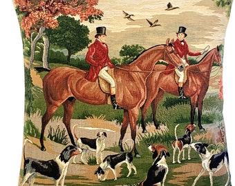 Fox Hunt Tapestry Pillow Cover: English Equestrian Decor (18"x18")