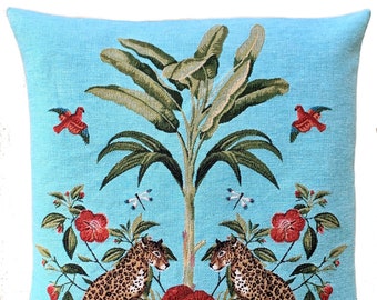 Housse de coussin léopard - coussin palmier - décoration tropicale - coussin décoratif bleu - oreiller couguar 18 x 18 pouces - cadeau tropical