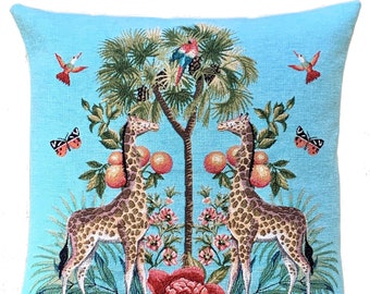 Giraffe Pillow Cover - Palmtree Throw Pillow - Tropical Decor - Blue Decorative Pillow - 18x18 inch Tapestry Cushion Cover - Tropical Gift