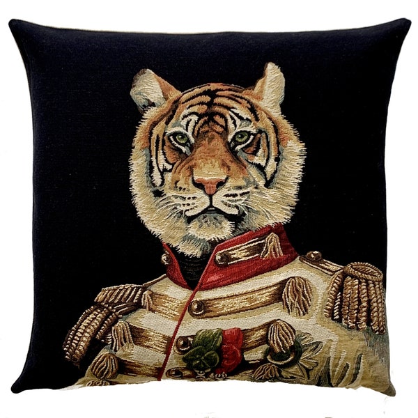 Tiger Pillow Cover - Funny Tiger Decor - Tiger Gift - Dressed Tiger - 18x18 Belgian Tapestry Cushion Cover - Wildlife Decor