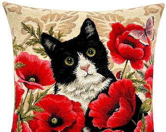 Cat Pillow Cover - Kitten Cushion Cover - Cat Gift - Cat and Poppies Throw Pillow - Jacquard Woven - 18x18 pillow