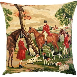Foxhunt Pillow Cover - English Decor - Foxhunting Gift - Classic Home Decor - Tapestry Cushion 18&quot;x18&quot; - Horses and Beagles
