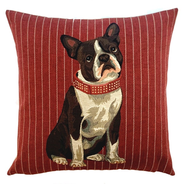 Housse de coussin bouledogue français - coussin Boston Terrier - housse de coussin tapisserie belge 18 x 18 - cadeau pour les amoureux du Boston Terrier