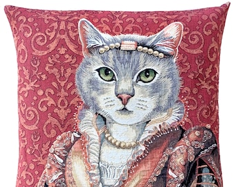 Renaissance Cat Portrait - Italian Cat Decor - Royalty Cat Portrait Cushion Cover - Brick Throw Pillow - Belgian Tapestry