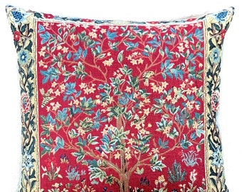 Tree of Life Pillow Cover - William Morris Pillow - William Morris Gift - 18x18 Belgian Tapestry Cushion - Red Gobelin Pillow