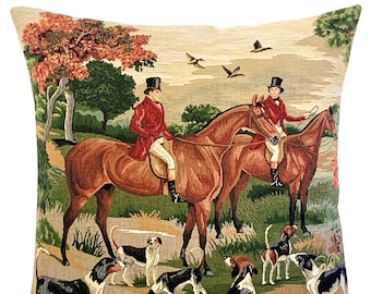 Foxhunt Pillow Cover - English Decor - Foxhunting Gift - Classic Home Decor - Tapestry Cushion 18"x18" - Horses and Beagles